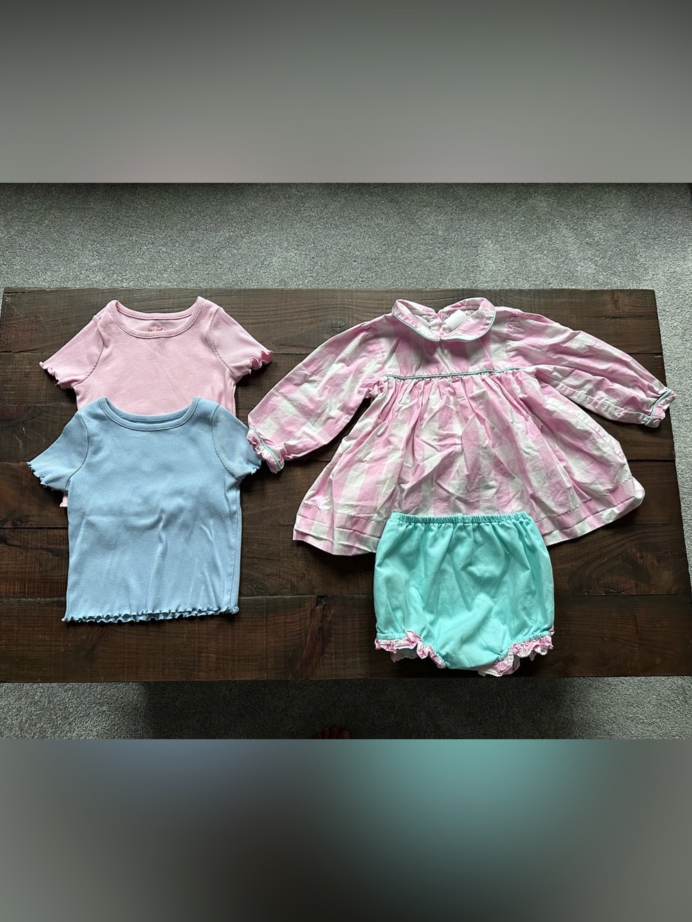 The Smocking Place Pink Plaid Cotton shirt with Mint Bloomers Set includes GWP